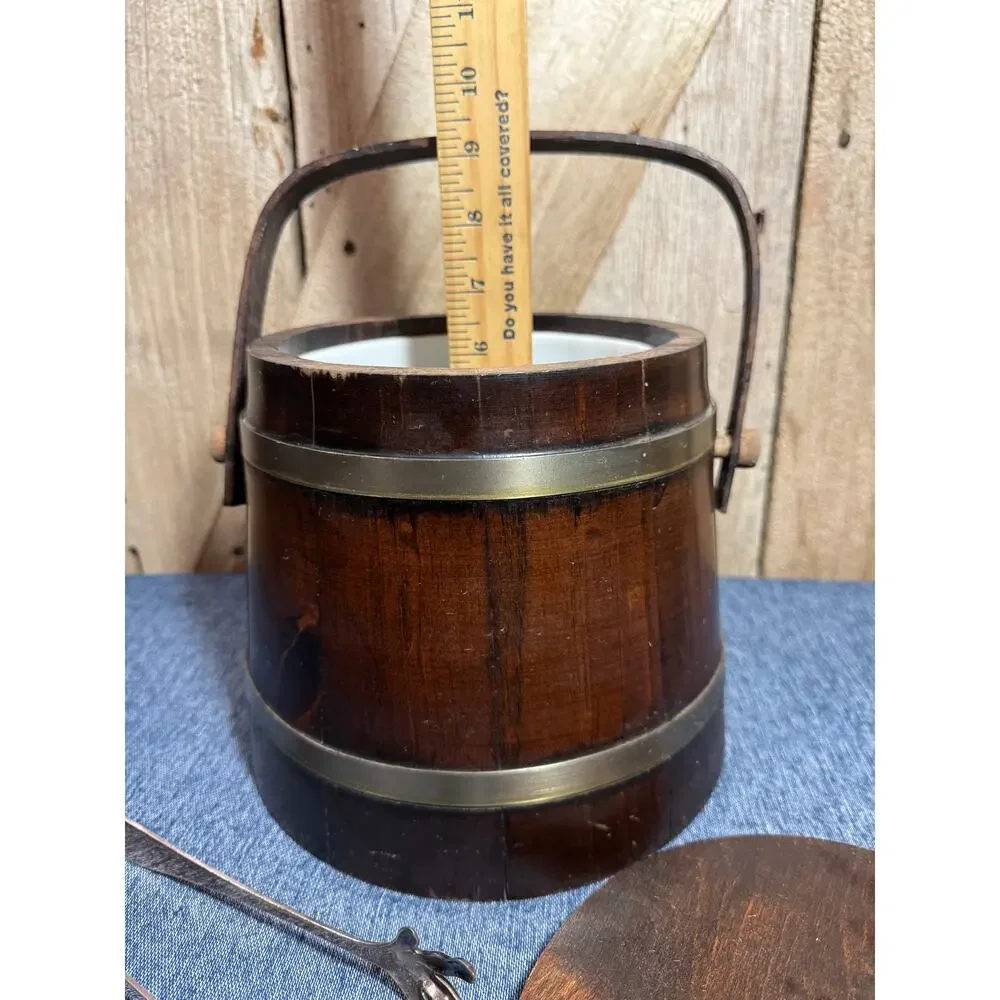 Vtg MCM Firkin Wood Ice Bucket by Putney Vermont Basketville Handle, Lid & Liner
